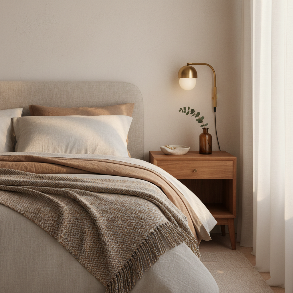 A carefully styled bedroom vignette showcasing a low, upholstered headboard in natural linen against a softly textured, warm white wall. The bed is dressed in layered, crinkled linen bedding in shades of ivory, taupe, and pale clay, with a folded vintage wool throw at the foot. A narrow, mid-century walnut nightstand holds a small brass sconce, a ceramic dish with simple jewelry, and a single stem of greenery in an amber glass bottle. Early morning light filters through sheer curtains, creating a gentle glow and delicate shadows across the textiles. Photographic realism, framed in an asymmetrical close-up composition, emphasizing texture, patina, and a serene, timelessly sophisticated mood.