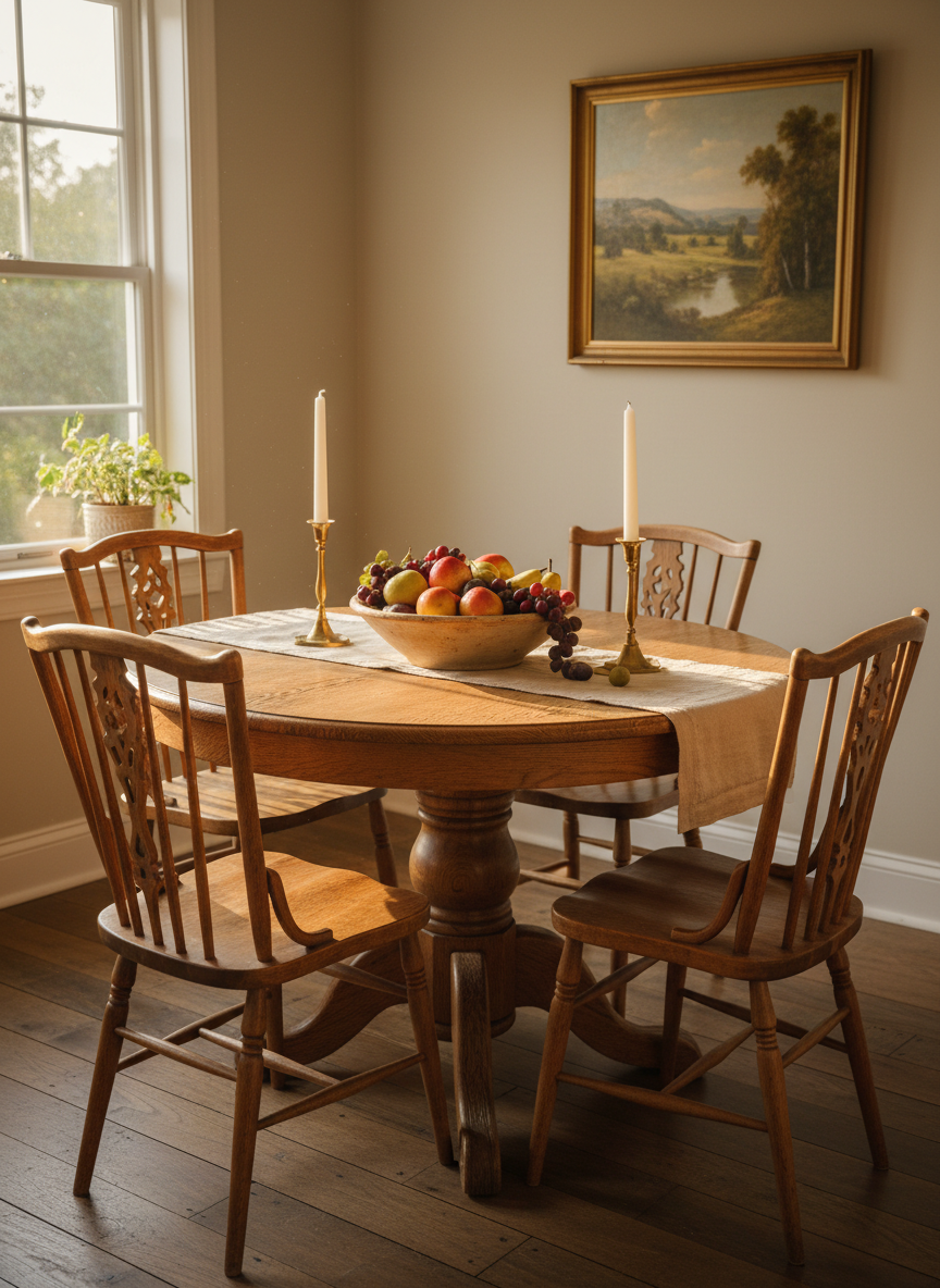 A sunlit dining nook centered around a vintage, round pedestal table in weathered oak, its surface marked with subtle wear. Four mismatched wooden chairs with spindled backs surround it, each in slightly different tones of honey and walnut. On the table, a linen table runner in soft oatmeal drapes casually, topped with an oversized ceramic bowl filled with seasonal fruit and a pair of slender brass candlesticks. Late afternoon light pours in from a nearby window, creating warm highlights on the brass and gentle reflections on a framed landscape painting in the background. Photographic realism, composed using the rule of thirds from a slightly elevated angle, evoking an intimate, timeless, and welcoming atmosphere.