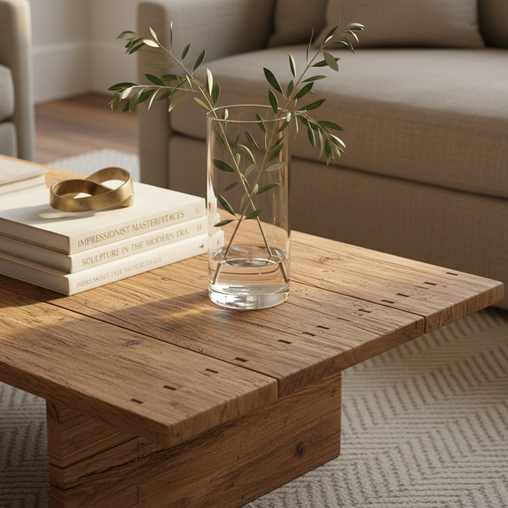A detail-rich coffee table top styled for a sophisticated living room: a hefty reclaimed-wood surface with deep grain and dovetail joints, bearing a tall, cylindrical glass vase filled with olive branches, a stack of oversized art books with linen spines, and a small, sculptural brass object with a soft, brushed finish. The edge of a stone-colored linen sofa and a textured wool rug in a subtle herringbone pattern appear blurred in the background. Late afternoon natural light streams in from the right, catching the glass and brass, creating gentle reflections. Photographic realism, shot from a close, slightly elevated angle with shallow depth of field, emphasizing tactile materials and a warm, lived-in elegance.