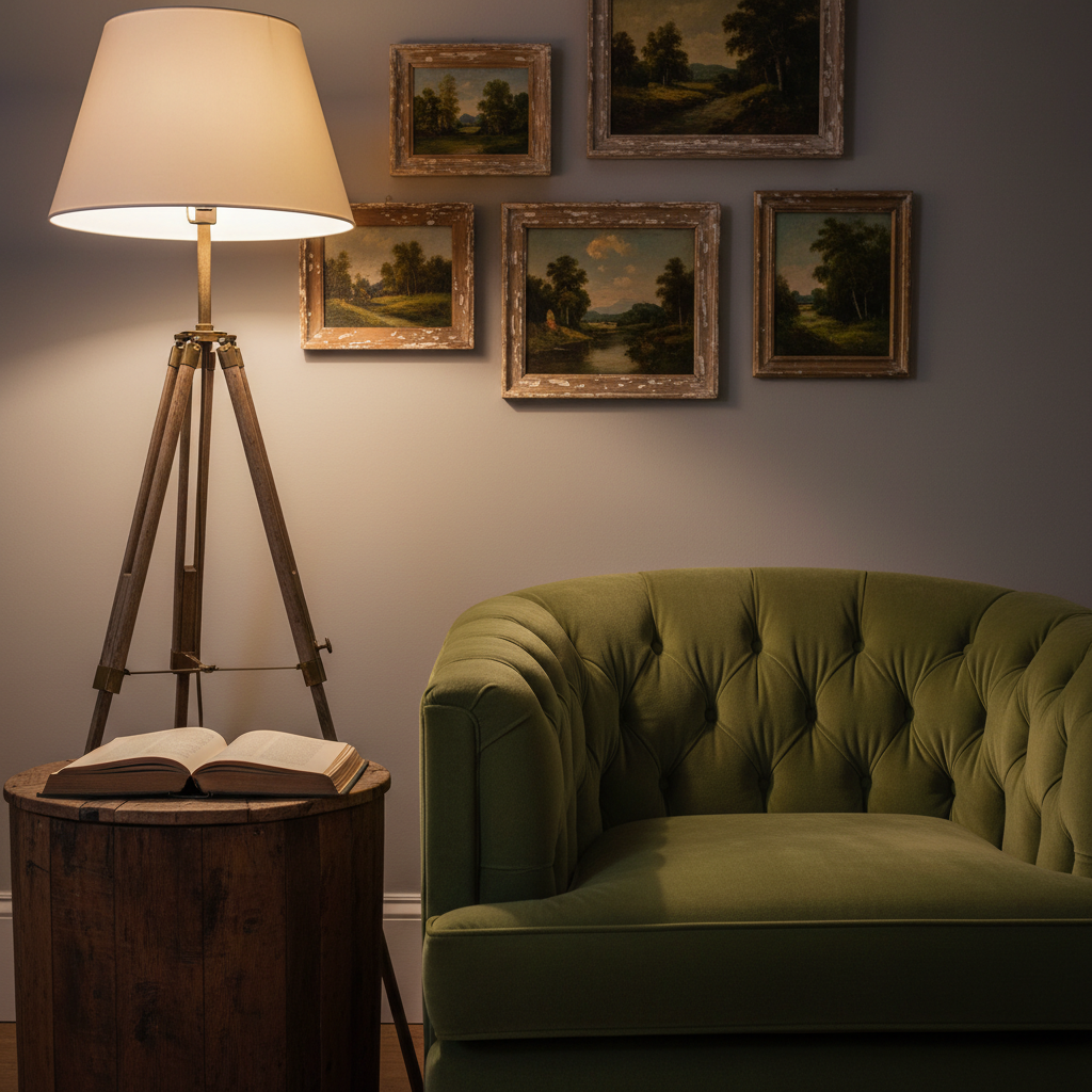 An intimate reading corner anchored by a deep, tufted armchair in moss-green velvet, its surface subtly worn for a time-softened look. A rustic tripod floor lamp in aged brass stands beside it, casting a warm, focused pool of light across an open book resting on a round, reclaimed-wood side table. The walls behind are painted in a muted mushroom tone, adorned with a small salon-style arrangement of vintage oil landscapes in mismatched, timeworn frames. Evening lighting creates gentle contrasts and cozy shadows, with photographic realism captured from a slightly low angle and shallow depth of field, evoking a cocoon-like, sophisticated retreat ideal for quiet moments.