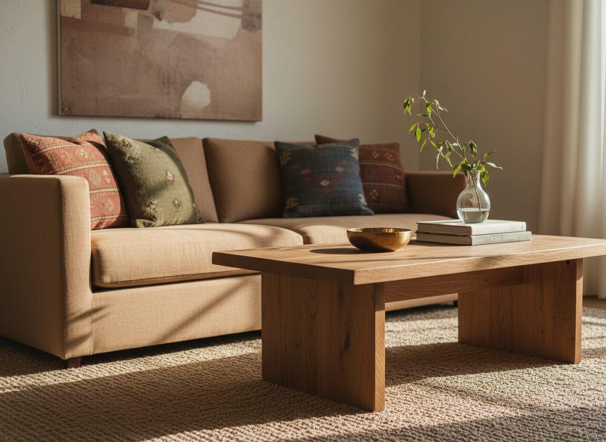 A thoughtfully curated living room corner featuring a low-profile linen sofa in a warm stone color, layered with vintage, handwoven pillows in muted rust, olive, and indigo. A solid oak coffee table with visible grain and softened edges anchors the scene, topped with a small stack of well-loved design books, a brass bowl with a soft patina, and a simple glass vase holding a few foraged branches. Natural afternoon light streams through an unseen window, casting gentle shadows across the textured jute rug. Photographic realism, shot at eye level with a slightly off-center composition and shallow depth of field, creating a calm, sophisticated, lived-in atmosphere that feels timeless and collected.
