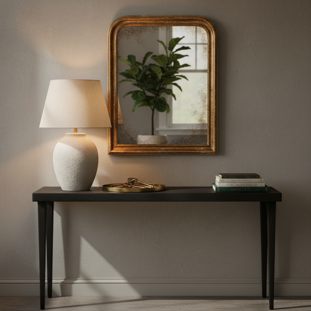A meticulously styled entry console crafted from dark-stained wood with a matte finish, its slender legs and clean lines contrasted by the organic shapes of decor. On top rests a substantial stoneware lamp with a textured, off-white shade, a shallow brass tray holding vintage keys, and a small stack of linen-bound books. Above, a large, antique-gilded mirror with delicate foxing along the edges reflects a hint of the room beyond. Soft, diffused morning light filters in, catching the metallic accents and emphasizing the layered patina of materials. Photographic realism, shot straight-on with balanced framing and sharp focus, conveying a sophisticated, collected, and quietly luxurious mood.