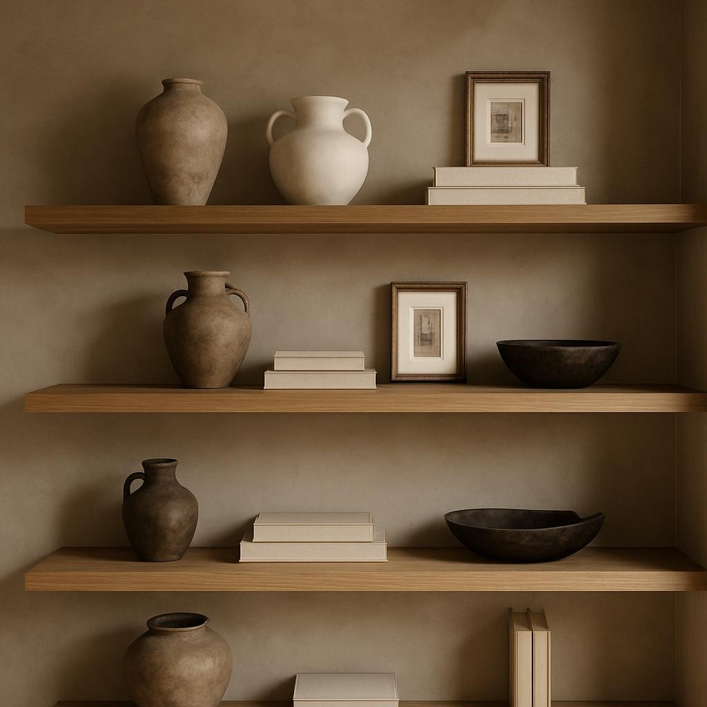 A curated shelving wall featuring open oak shelves mounted against a warm greige plaster finish, each shelf styled with a mix of vintage pottery, stacked linen-covered books, and small framed black-and-white architectural sketches. Objects are thoughtfully spaced, with negative space highlighting the sculptural shapes of a matte white vessel and a dark, hand-carved wooden bowl. Soft side light from an unseen window creates dimensional shadows and a subtle gradient across the wall. Photographic realism, captured straight-on with sharp focus and a slightly wider frame, conveying a refined, collected aesthetic that feels both edited and welcoming, perfectly suited to showcasing Ashley Rose Interiors’ layered design philosophy.